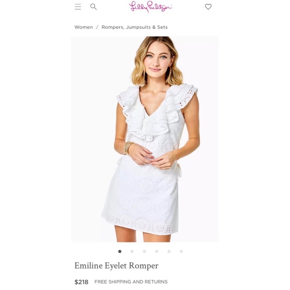 Lilly Pulitzer Emiline Eyelet Romper White Ruffle V-Neck Cotton Dress Size 8